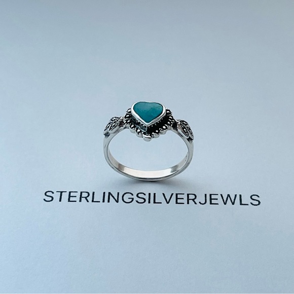 Sterling Silver Victorian Heart Synthetic Turquoise Ring, Love Silver Rings - Picture 8 of 13